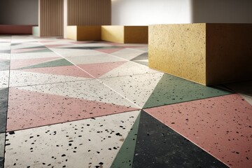 Poster - Modern interior with colorful terrazzo floor tiles and minimalist furniture, showcasing contemporary design and geometric patterns, light and space.