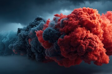 Poster - abstract clouds of vibrant red and blue smoke collide against a dark, stormy sky, creating a mesmeri