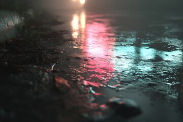 Poster - Vibrant city lights reflecting in a puddle, creating a mesmerizing urban landscape, with colorful reflections adding a touch of abstract beauty to the scene.