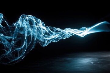 Poster - An ethereal glowing blue smoke swirls and dances against a dark background, creating a mesmerizing abstract pattern with a reflective surface below.