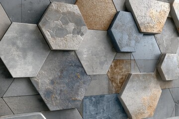 Poster - abstract close-up of textured hexagonal tiles in varying shades of grey and brown, showcasing a mode