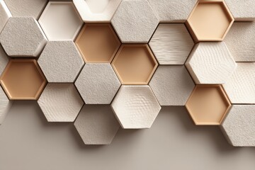 Poster - A modern architectural detail featuring a pattern of light beige and tan hexagons, creating a textured surface and a contemporary geometric design element.