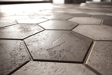 Poster - A close-up view of textured hexagon tiles on a bathroom floor, showing detail and design, with modern architectural features and a clean, contemporary style.