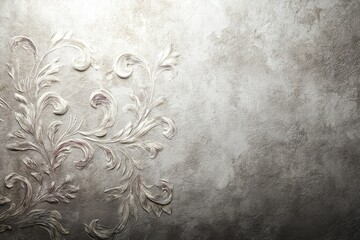 Poster - Detailed texture of a plastered wall with artistic floral relief pattern, creating a sophisticated and elegant background with subtle tonal variations across surface.