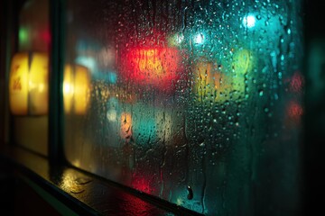 Poster - Raindrops on a window pane with blurred city lights in the background create a moody and evocative atmosphere on a rainy night, focusing on the abstract.