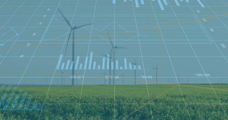 Poster - Wind turbines rotating above green field, displaying translucent energy dashboard charts in 3D