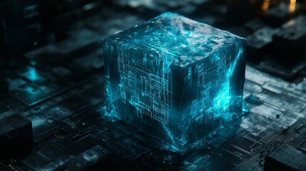 Poster - a state-of-the-art electronic circuit board displays a luminous central cube nestled among a group o