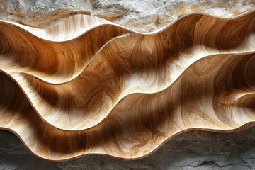 Aufkleber - Abstract wooden sculpture with flowing, wave-like forms creating a mesmerizing three-dimensional texture.