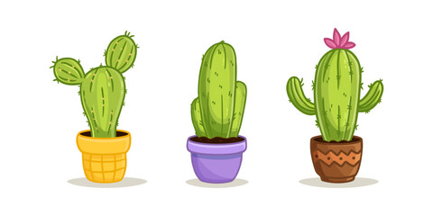 Wall Mural - Set of cute cartoon cactus in the pot on the white background. Cactus in flat style for magazine, cards, games, books. Funny cacti. Vector illustration