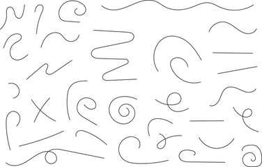 Poster - Hand drawn lines set. Hand drawn freehand different curved lines, swirls arrows. Curved arrow line. Doodle, sketch style. Isolated Vector illustration.