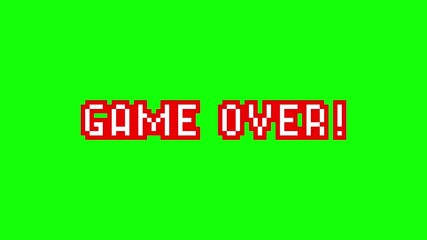 Aufkleber - Game over 8-bit pixel art animation. retro video game style. Comic effect. pixel game screen. with glitch animation effect. On green background