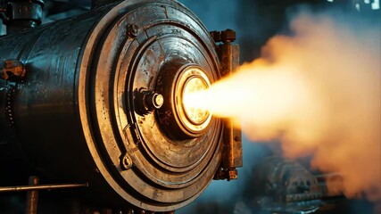 Poster - Machinery releases steam and light in an industrial setting showcasing mechanical power, Machinery Releasing Steam With Flashing Light