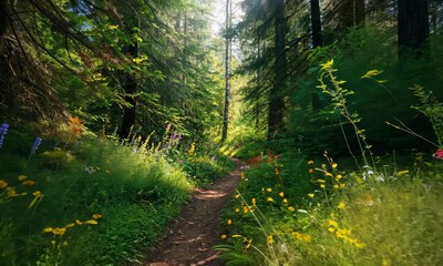 Wall Mural - sunlit forest path with wildflowers on summer day