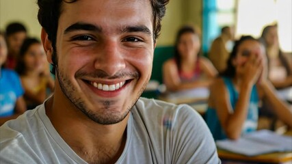 Poster - Smiling student with crossed arms in an engaging classroom with attentive peers, smiling with his arms crossed in the classroom on an adult course in Brazil