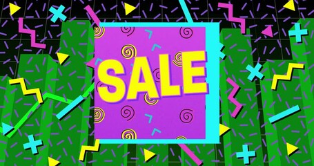Poster - Retro sale banner featuring neon confetti shapes flying over dark grid background in flat design
