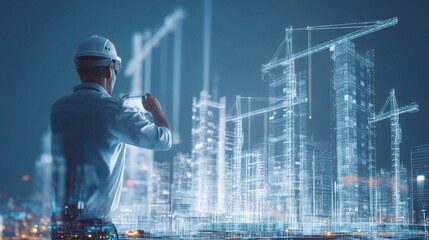 Poster - Architect Overseeing Holographic Blueprints of City Construction Project