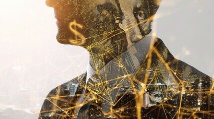 Poster - Double Exposure of Businessman with Golden Money and Network Elements