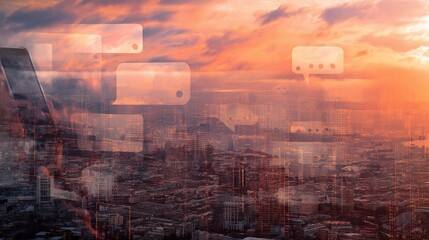 Poster - Double Exposure of Mobile Phone Chat Bubbles over City Skyline