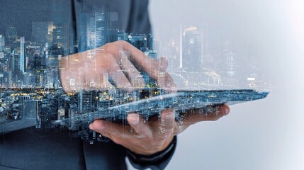 Poster - Banker Holding Digital Tablet with Futuristic Cityscape Background