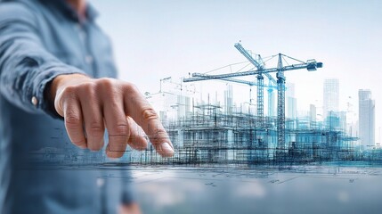 Poster - Architect Pointing at 3D Construction Model Overlay and Design