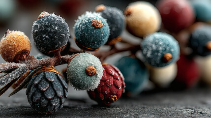 Poster - Frosted Decorative Berries and Pine Cones on Dark Stone Surface