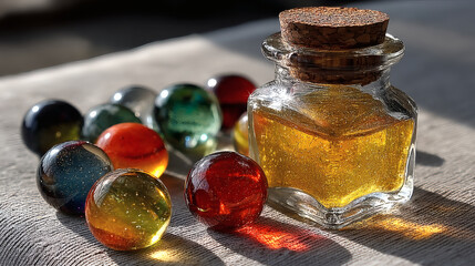 Poster - Glass Jar with Yellow Liquid and Colorful Marbles on Linen Surface