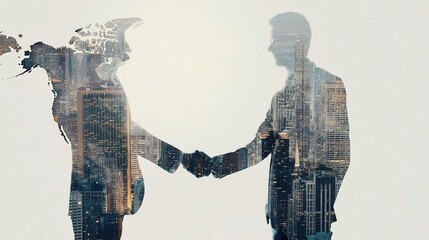 Poster - Double Exposure World Map Overlay on Cityscape Background