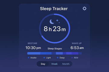 Digital sleep tracker interface showing sleep duration, bedtime, wake up time, and sleep stages – health monitoring app design concept
