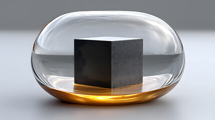 Poster - Glowing Glass Sphere with Dark Metallic Cube in Abstract Display