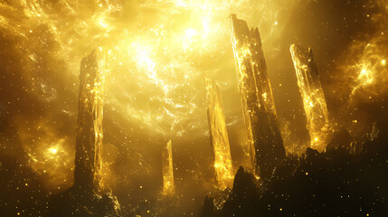 Wall Mural - Golden alien landscape with glowing pillars and celestial bodies. Cosmic Pillar. Illustration