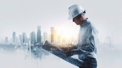 Poster - Engineer Holding Blueprint with City Development in Background