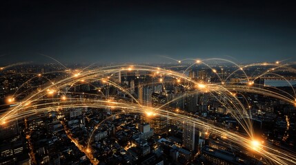 Poster - Aerial View of City with Social Media Icons and Connections