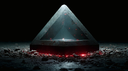 Poster - Intricate Geometric Pyramid with Glowing Red Accents and Rocks
