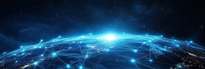 Poster - Glowing blue digital globe highlighting global connectivity and network systems