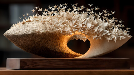 Poster - intricate paper sculpture depicting wave with origami birds in motion