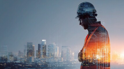 Poster - Construction Manager in Hard Hat Overlooking Modern City Skyline