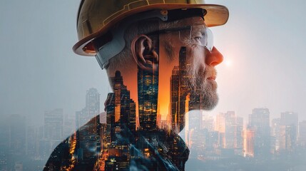 Poster - Construction Manager in Hard Hat Overlooking Modern City Skyline