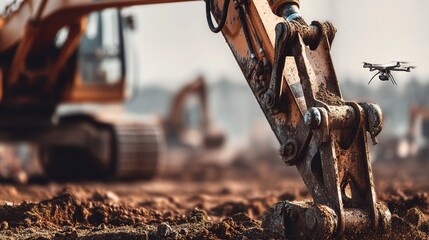 Poster - Excavator Arm and Drone Technology Over Soil at Construction Site