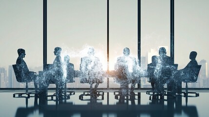Poster - 3D Holographic Business Conference Room with Silhouettes and Skyline