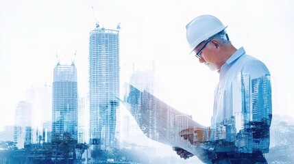 Poster - Civil Engineer Examining Layered Building Plans with Modern City Background