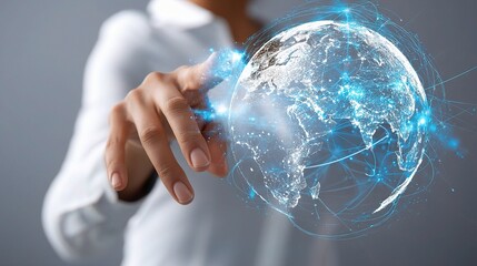 Poster - Businesswoman Pointing at Virtual Earth Screen in Modern Workspace