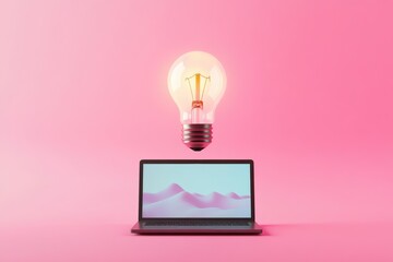 Poster - Creative advertising graphic layout featuring a light bulb over a laptop on a pink background