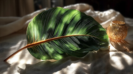 Poster - Leaf with Intricate Veins and Soft Natural Lighting on Fabric Surface