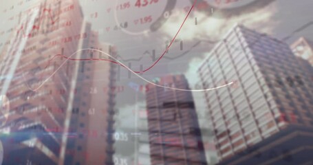 Poster - Modern office skyscrapers animating in finance scene with red white trend lines and candlesticks