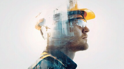 Poster - Civil Engineer Portrait with Blueprint Overlays in Urban Setting
