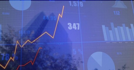 Poster - Translucent financial dashboard showing line graph peaking and dipping, featuring bar chart