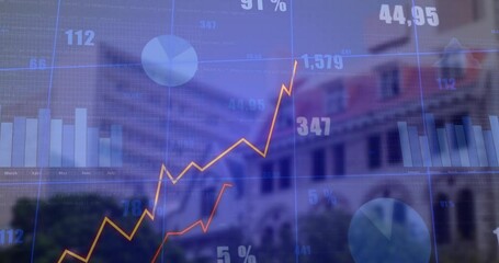 Poster - Financial dashboard overlay displaying on blurred stone front, showing grid, charts, colored lines