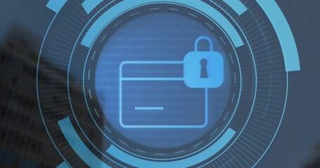 Poster - Displaying blue folder outline with padlock on scrolling binary code in animated HUD overlay