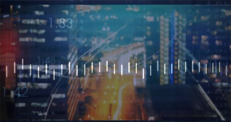 Poster - Floating 3D data bars and curved lines sliding over urban night street showing numeric labels