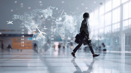 Poster - Executive Walking Through Airport with Holographic World Map